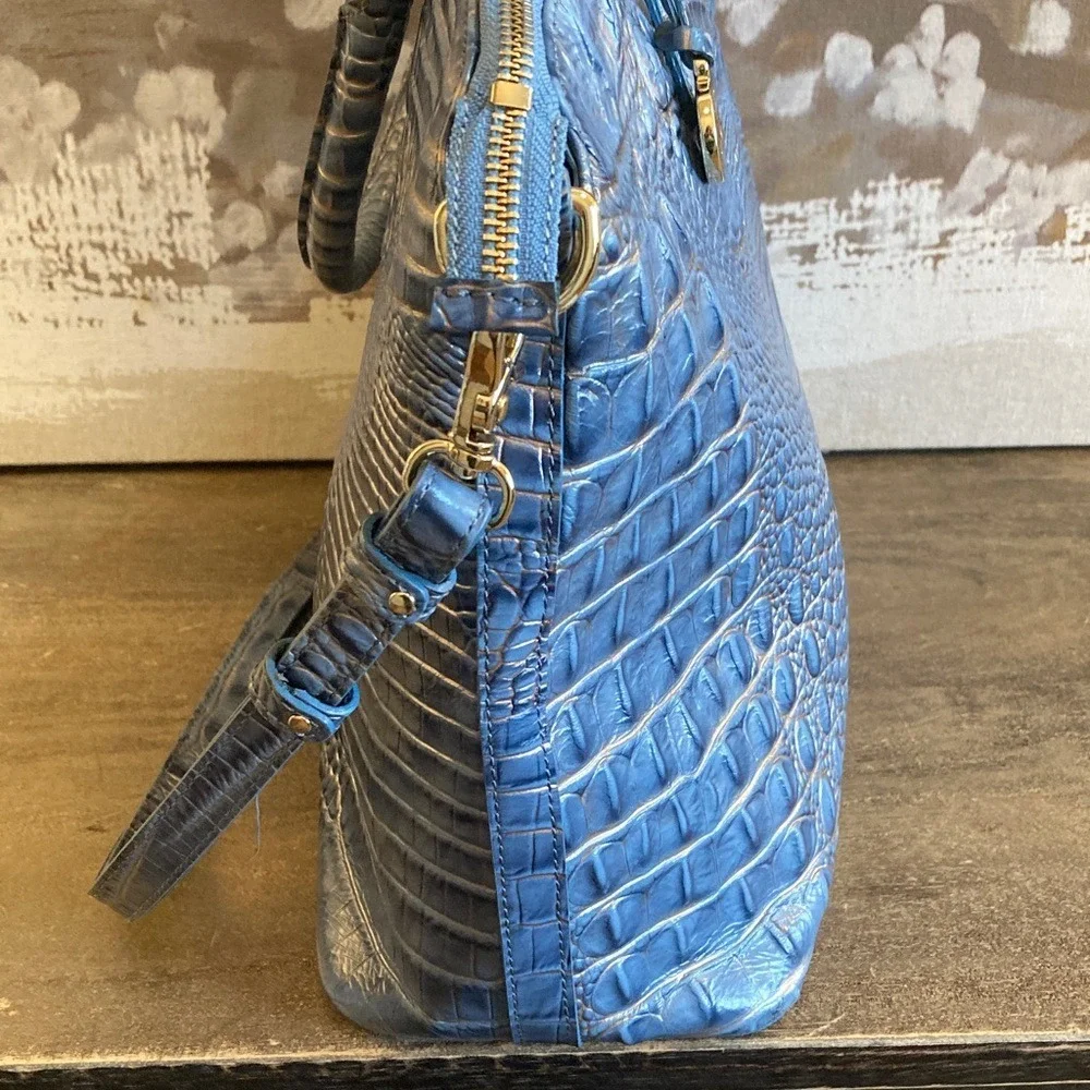 Brahmin Womens Large Duxbury Satchel Purse Blue Gold Metallic Croc Embossed‎